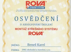 Osvědčení - Montáž střešního systému ROVA