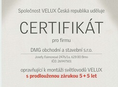 Certifikát VELUX světlovody