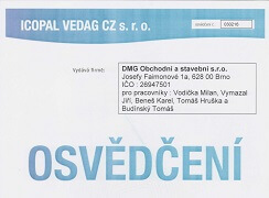 ICOPAL VEDAG - osvědčení